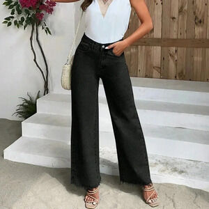 Black Casual Women's Solid Wide Leg Jeans